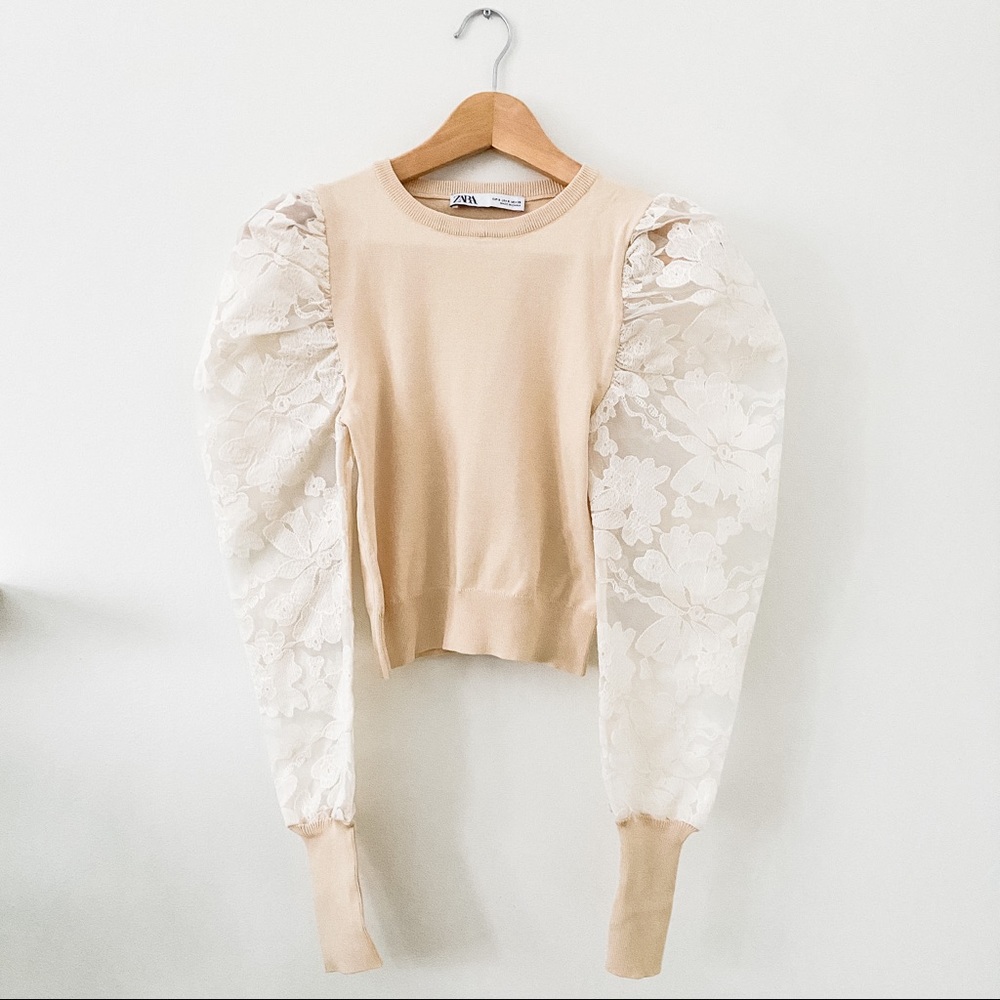 ZARA Beige Top with Lace Sleeves